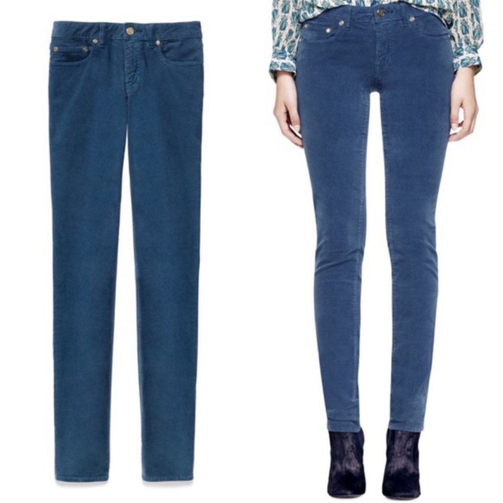 Tory Burch, blue corduroy pants, skinny leg waist, size 27